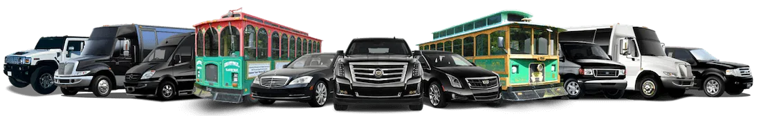 The Custom Limousine fleet — trolleys, party buses, stretch limousines, SUVs and executive coaches